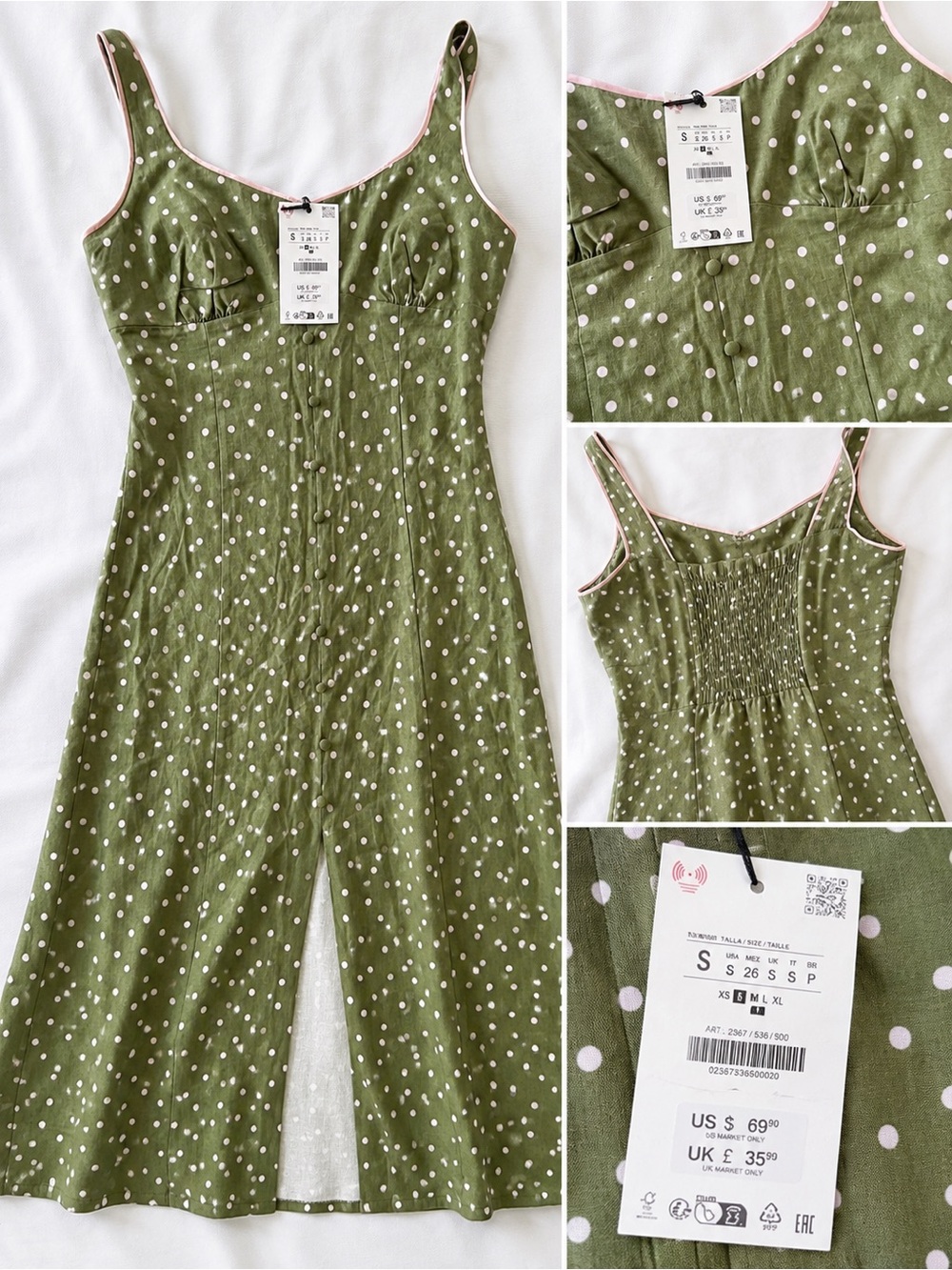 Zara Olive Green Polka Dot Slip with Pink Trim